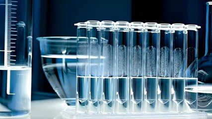 Set of test tubes filled with clear liquid in laboratory with glassware and blue lighting
- Powered by Adobe