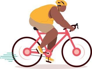 Side View Of One Overweight Black Man In Activewear And Helmet Riding A Racing Bicycle.