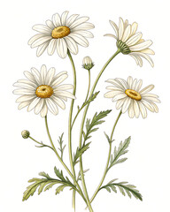 Chamomile flowers hand draw vintage clip art isolated on white background.
