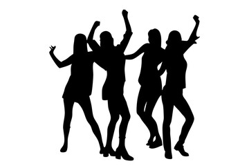 Silhouettes of four women joyfully dancing celebrating friendship and freedom bold black shapes