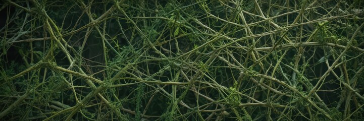 Complex network of interwoven green organic lines, creating a lush abstract background , surface, lush, texture