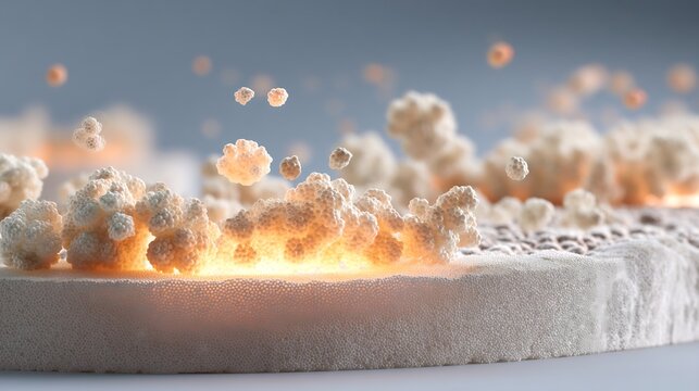 Detailed visualization of microorganism eg Penicillium or Streptomyces producing antibiotic laboratory bioreactor glowing they secrete antibiotic compound background clean white focusing microbial