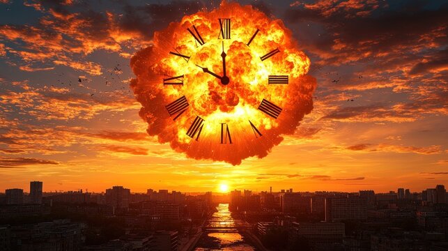Time's up clock exploding over a cityscape