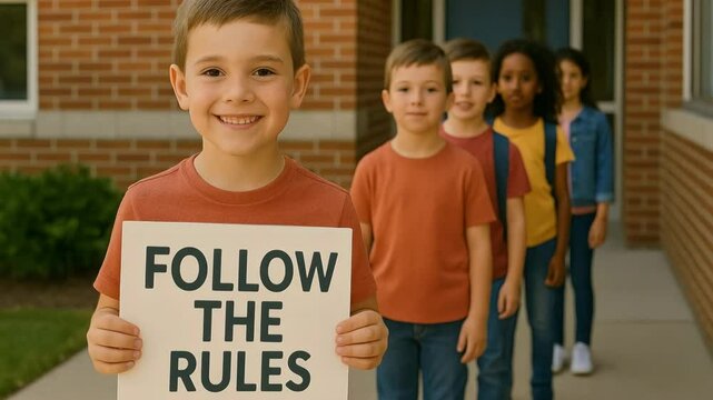 Children following rules in line outside school; educational social setting positive environment