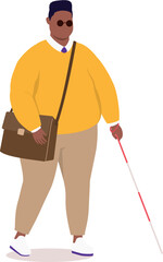 One Plus Size Visually Impaired Black Man With Sun Glasses Walking With White Cane.