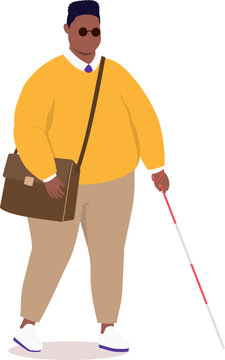 One Plus Size Visually Impaired Black Man With Sun Glasses Walking With White Cane.