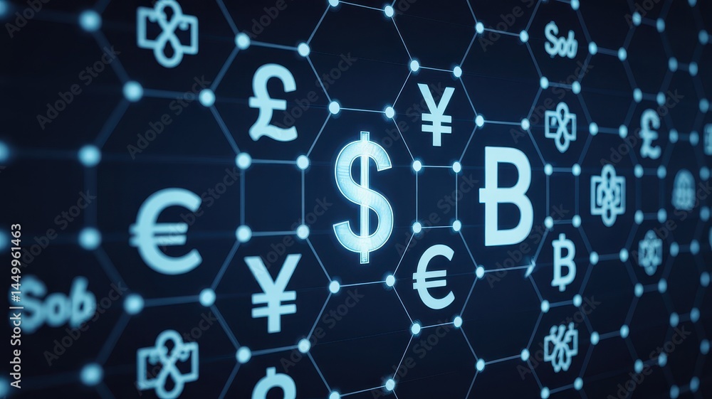 Poster abstract network display of global financial symbols.