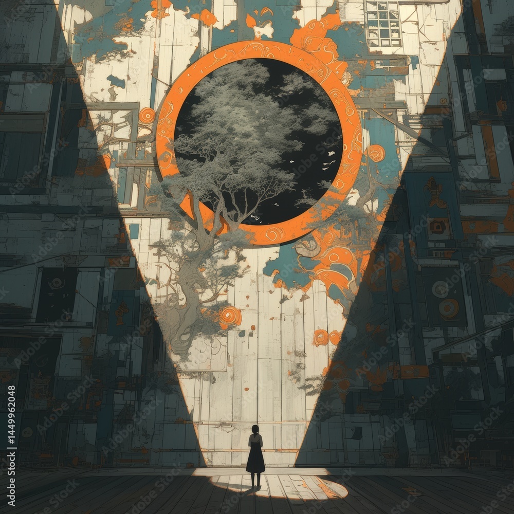 Poster a figure stands before a gateway framing a tree, with abstract details