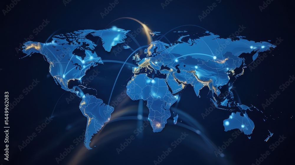 Poster global network map with illuminated city connections.