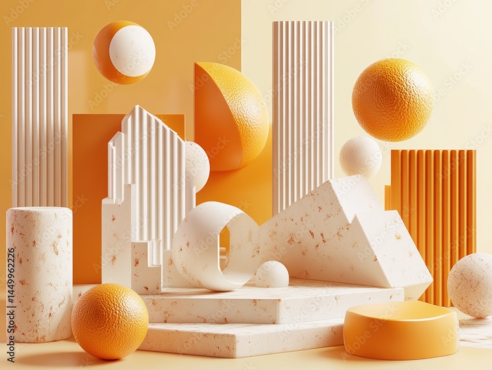 Poster abstract composition of geometric shapes in warm tones with textures and contrasting shadows