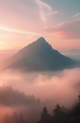 A panoramic mountain landscape at dusk captures the orange glow of sunset and the subtle mist of dawn