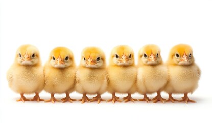 Fototapeta premium Cute Yellow Chicks Standing in a Straight Line Against a White Background