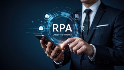 Businessperson interacts with a mobile device displaying robotic process automation.