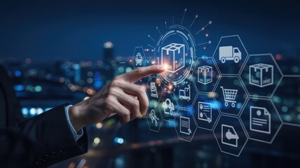 Modern business logistics system overlaying a city skyline.