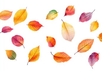 Obraz premium Colorful Autumn Leaves Falling on a White Background Representing Seasonal Change and Natural Beauty