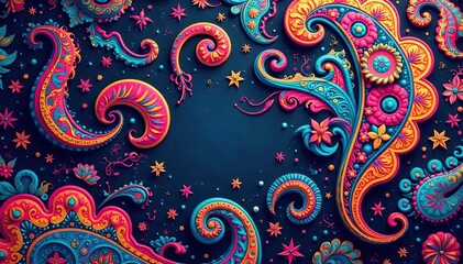 Vibrant paisley textile design with flowing lines, illustration, swirl