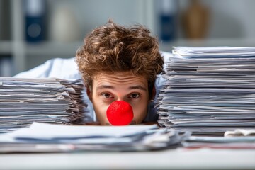 A man with a red clown nose peeks over a large stack of papers in an office setting.