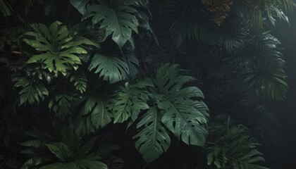 Intricate exotic leaf layers, dark and mysterious, form a stylish tropical backdrop ,  exotic,  green,  veined