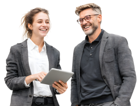 A smiling woman holding a tablet and a man with glasses looking at her against a black background white background
