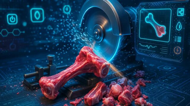 Futuristic Meat Cutting Machine Slicing Raw Bone with Digital Display and Smart Processing Interface in Butchery Setup

 - Powered by Adobe