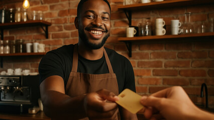 Friendly barista serving customer