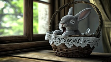 Sleepy Bunny in Basket by Window