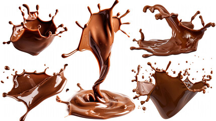 A Symphony of Chocolate Motion: A Collage of Dynamic Chocolate Splashes Frozen in Time, Showcasing the Liquid's Richness and the Artistry of a Delicious Collision.