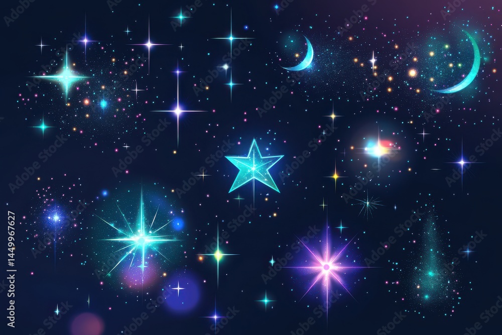 Poster abstract glowing light effects with stars and lens flare creating a vibrant and ethereal visual disp