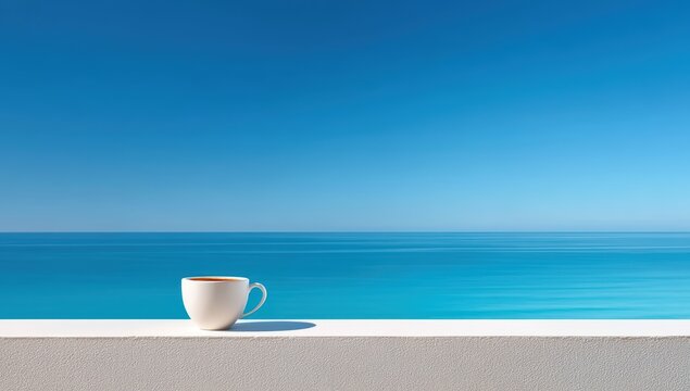 A white cup rests on a ledge overlooking a calm, blue sea under a clear sky.