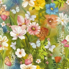 Colorful butterflies dance among vibrant flowers in a lively spring meadow bursting with life and beauty