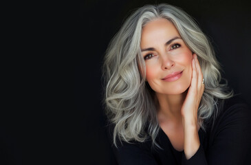 Fototapeta premium Adult elderly and beautiful woman 50 years old. Smiling charming mature woman , touches her cheek. Beauty and care cosmetology for mature facial skin. Makeup and cosmetology. adult skin, older lady