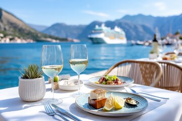 Elegant outdoor dining by the sea with wine, gourmet food, and a cruise ship in the background, surrounded by mountains.