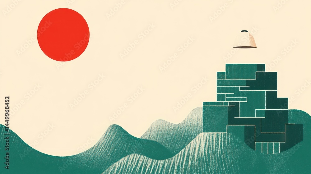 Poster abstract illustration of mountains and red sun with geometric shapes and tranquil color palette for 