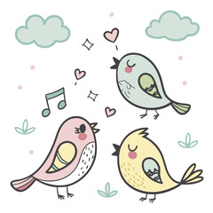 Obraz premium Cute Cartoon Bird Icons Lovebirds Canary Finch Dove in Pastels