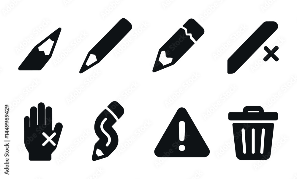 Poster editing and correction solid icons set – flat, filled, writing and proofreading symbols