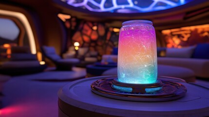 Obraz premium Futuristic lounge, glowing drink, vibrant interior