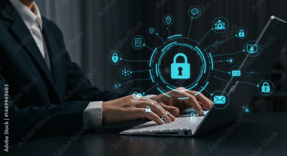 Aufkleber a professional individual securing digital data using a laptop with innovative cybersecurity visuals