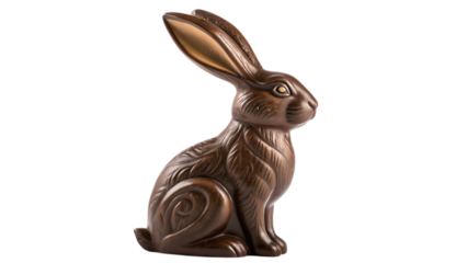 An elegant chocolate Easter bunny, intricately carved with swirling patterns, sits poised against a clean white background, ready for a joyous celebration.