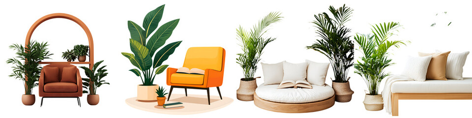 Obraz premium Cozy and modern interior design with comfortable furniture and lush greenery. long_title:A contemporary living space featuring plush seating, potted