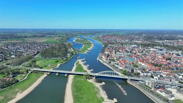 Aerial from the historical city Deventer at the river IJssel in the Netherlands