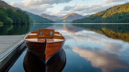 Obraz premium serene lake and wooden rowboat at sunset