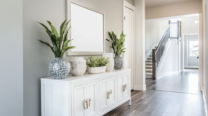 Modern Entryway with White Console Table: Stylish and modern home decor, showcasing a white console table adorned with potted plants and a framed artwork.
