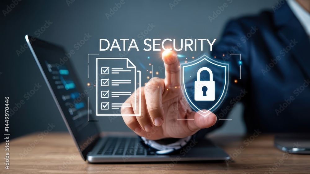 Poster businessperson interacts with a data security interface.