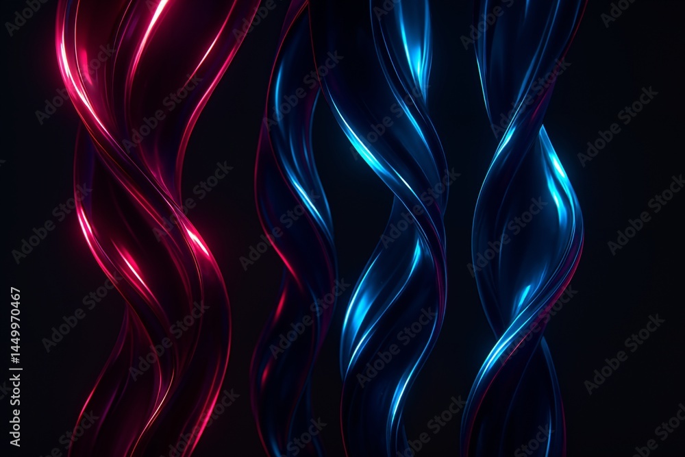Poster abstract flowing lights: a visual exploration of twisting red and blue optical forms in a dark backg