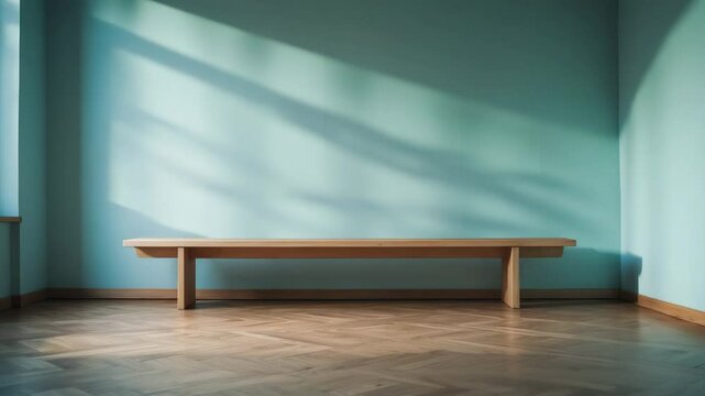 A wooden bench placed on flooring in an unoccupied area next to a wall.