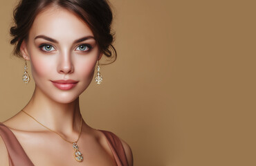 Beautiful girl with set jewelry .   Woman in a necklace with a ring, earrings and a bracelet. Beauty and accessories.