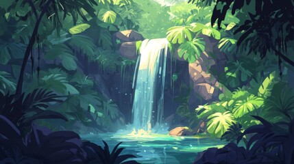 Fototapeta premium Lush Tropical Waterfall Scene Serene Tranquil Nature