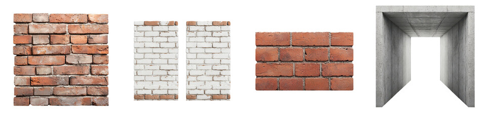 Obraz premium Brick walls and a geometric doorway passage. long_title:A collage of brick walls, a white brick wall, and a concrete doorway passage, showcasing various
