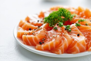 Close-up of fresh salmon sashimi, elegantly arranged with herbs and sesame seeds on a white plate.