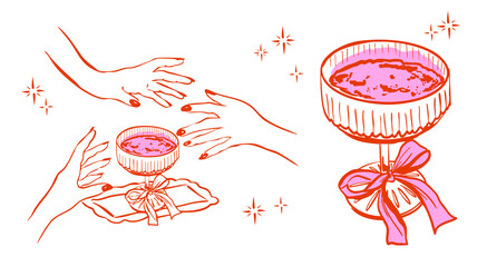 Hand drawn champagne coupe glass illustartion, Champagne glass on serving tray surrounded by elegant hands, Minimal line art champagne doodle illustration for invitations, menus and web icons